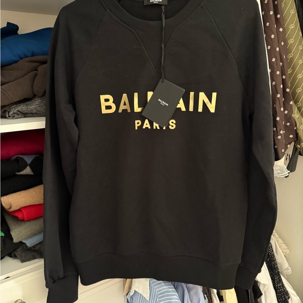 Balmain cotton Sweatshirt in Black with Gold Logo NWT